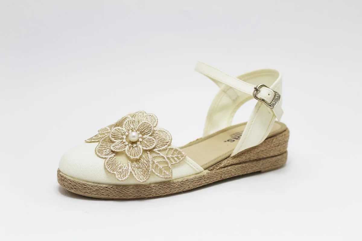 Golden Floral Embroidered Girls' Espadrille