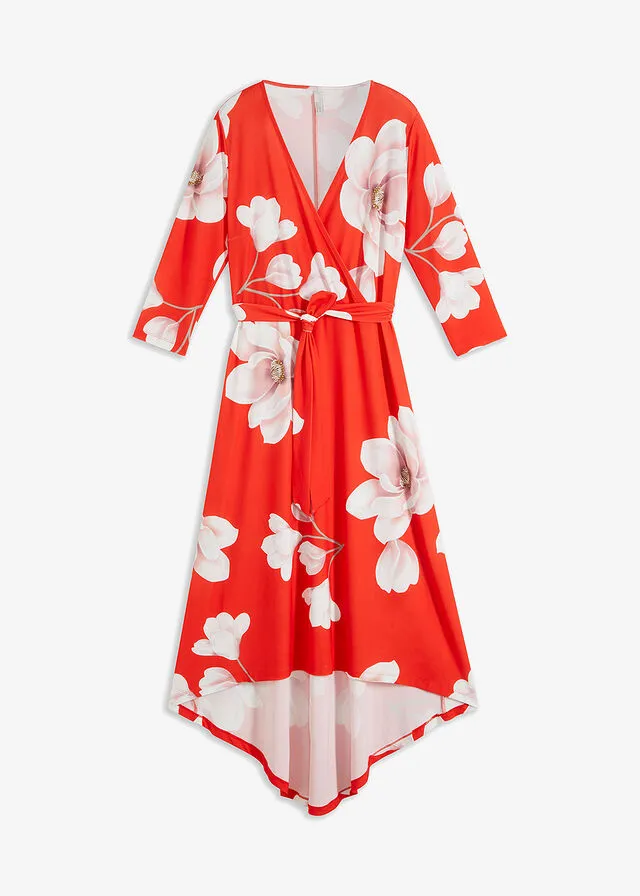 Long Asymmetrical Dress with Red Floral Belt